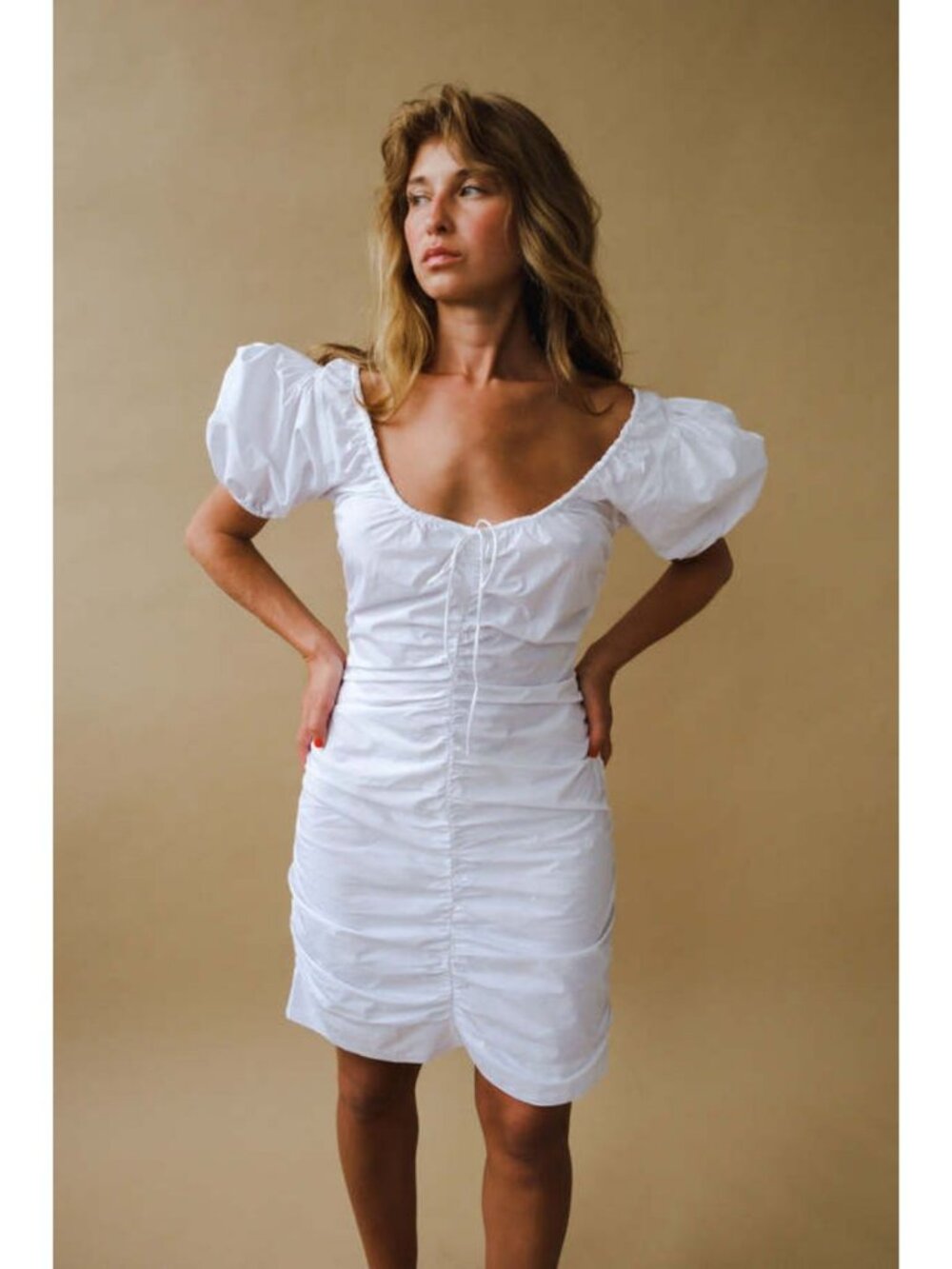 Ganni Cotton Poplin Gathered U Neck Mini Dress White Size 32
